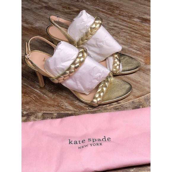 Kate Spade Saffron Heel Slingback Antique Gold Metallic Leather NEW 7 US - Picture 3 of 9